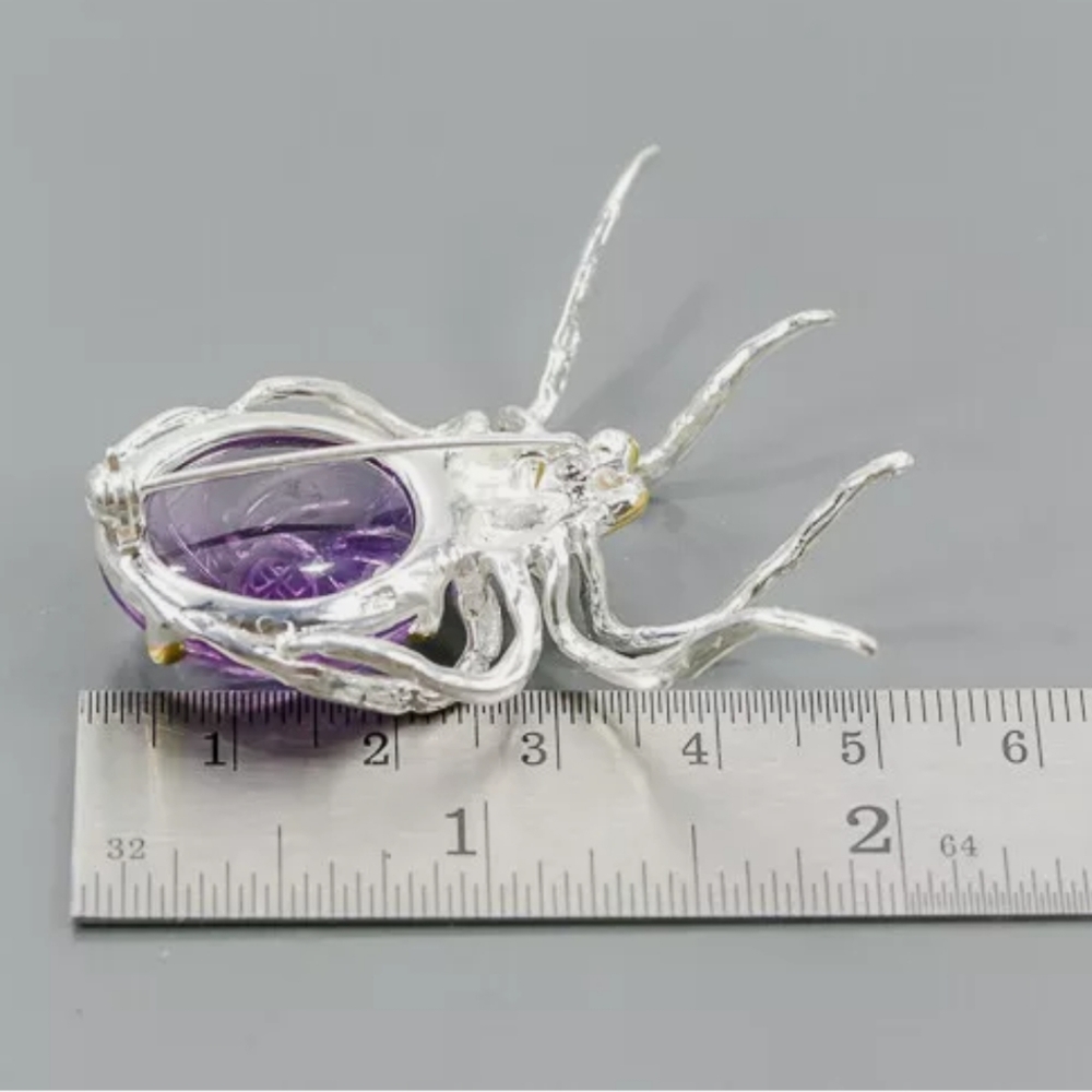 Large handcarved Amethyst & Sapphire Sterling & Gold Spider 🕷 brooch - Picture 3 of 8